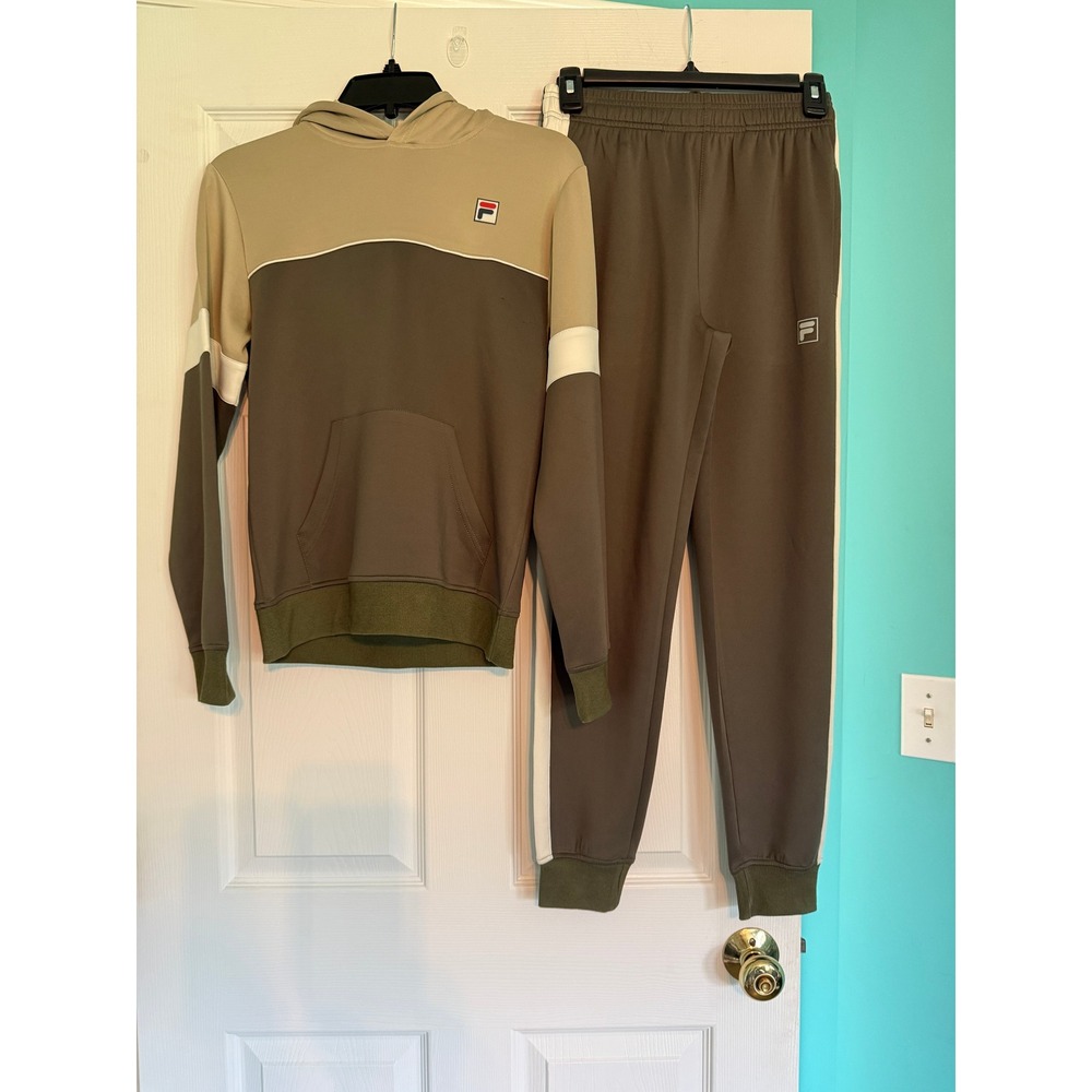Fila Boys Tracksuit Set Hoodie and Jogger Pants Tan Green Size M 10/12